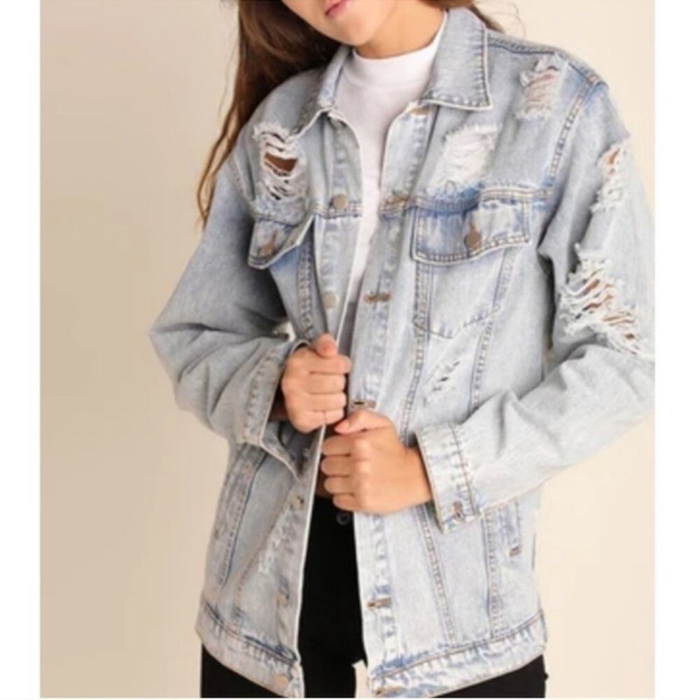 Umgee Distressed Oversized Jean Jacket Blue Size 1XL